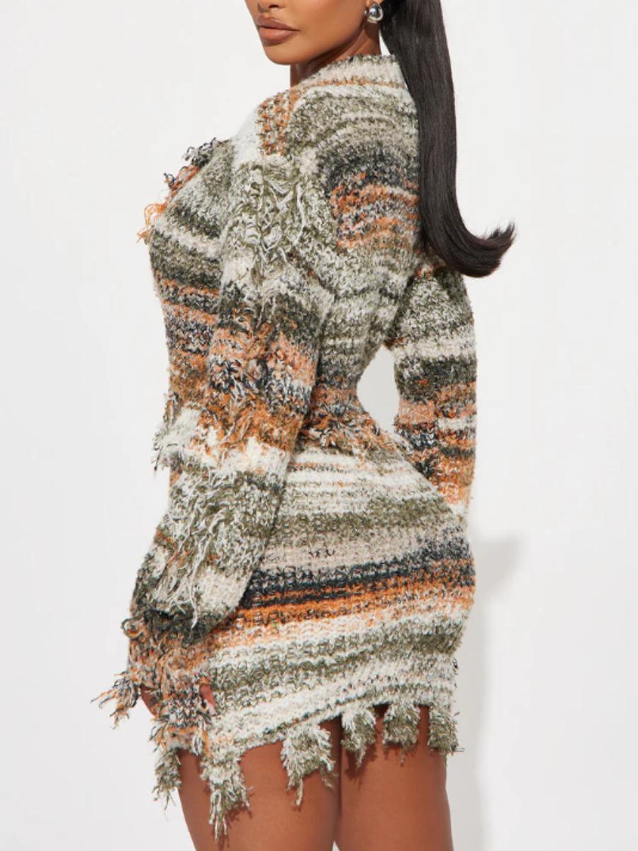 Distressed Detail Striped Knit Skirt Set