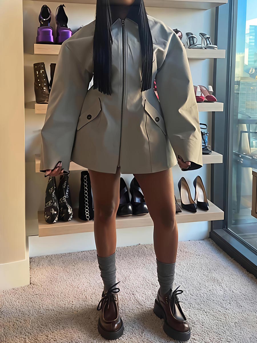 Faux Leather Collar Patchwork Zip Up Jacket