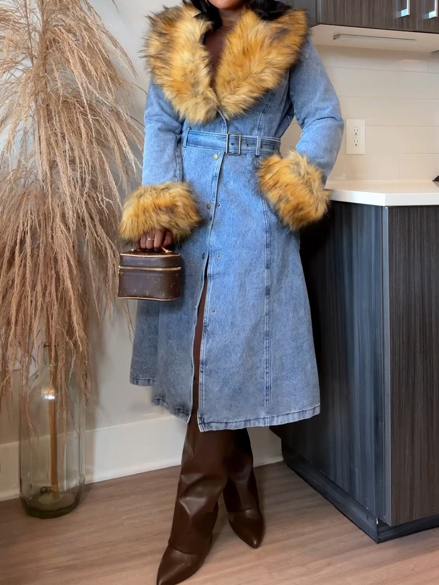Wide Faux Fur Collar Denim Trench（Free shipping）