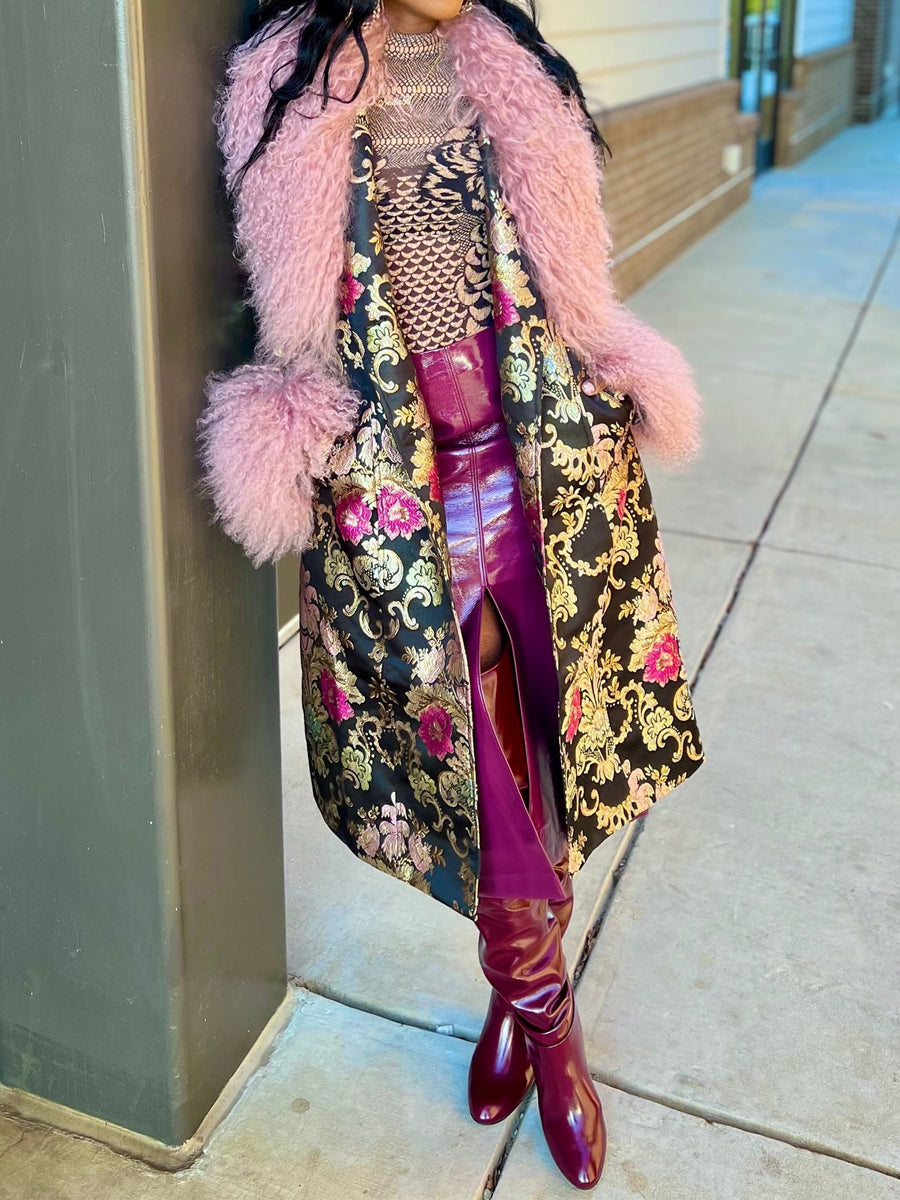 Detachable Faux Fur Patchwork Floral Print Coat（Free shipping）