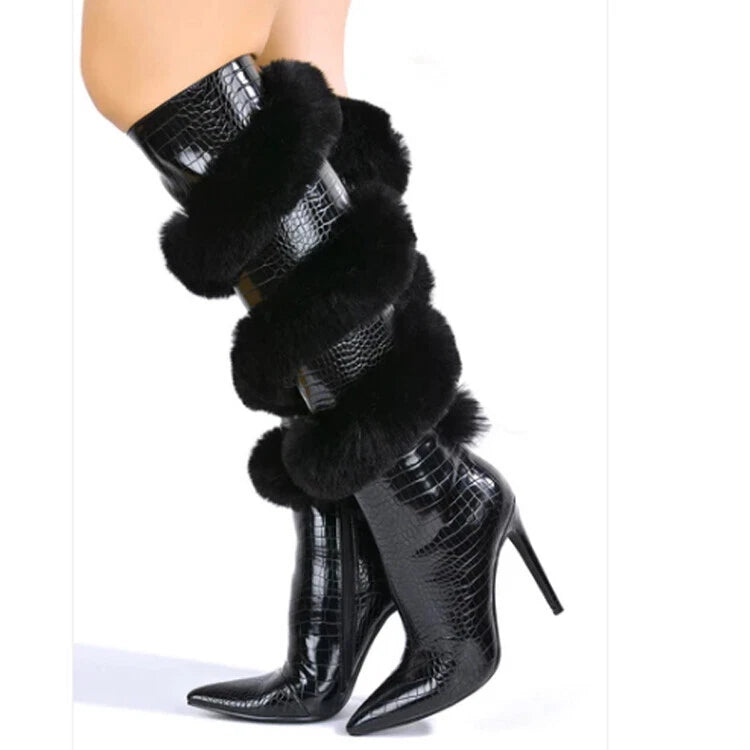 Pointed-toe Stiletto Heels With Rabbit Fur Zippers Over-the-knee Boots