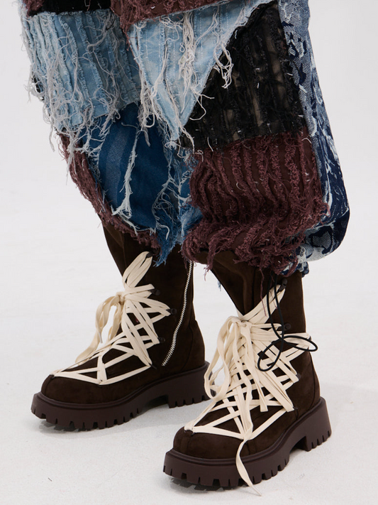 Chocolate Cross-Strap Suede Boots