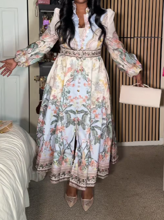 Printed Stand Collar Button Dress