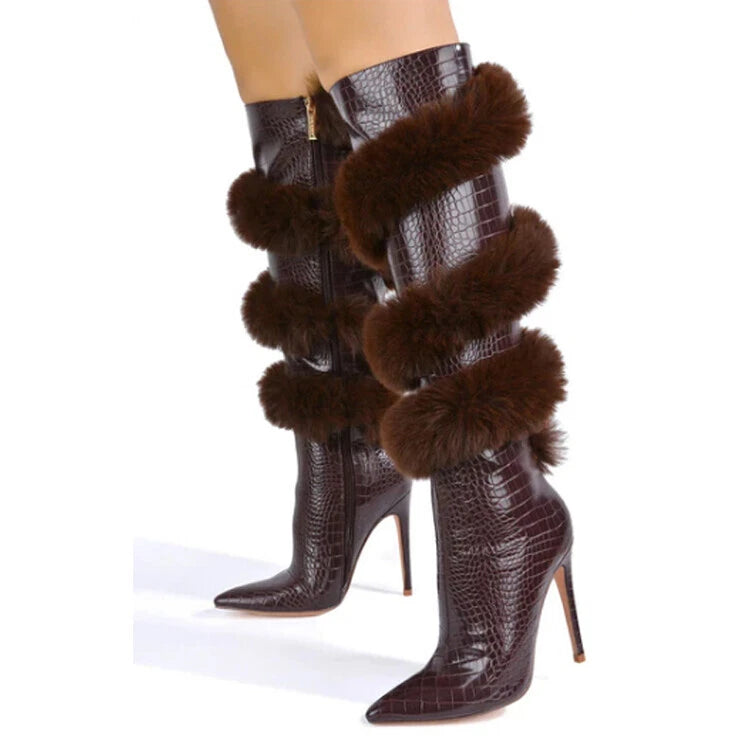 Pointed-toe Stiletto Heels With Rabbit Fur Zippers Over-the-knee Boots