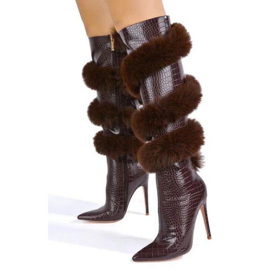 Pointed-toe Stiletto Heels With Rabbit Fur Zippers Over-the-knee Boots