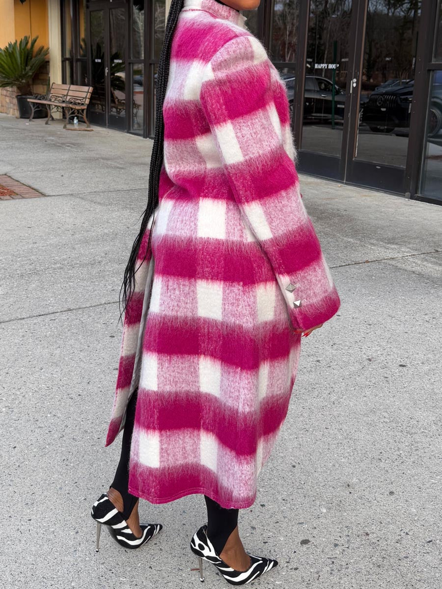 Plaid Print High Neck Cut Out Coat