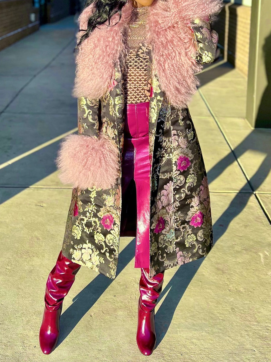 Detachable Faux Fur Patchwork Floral Print Coat（Free shipping）