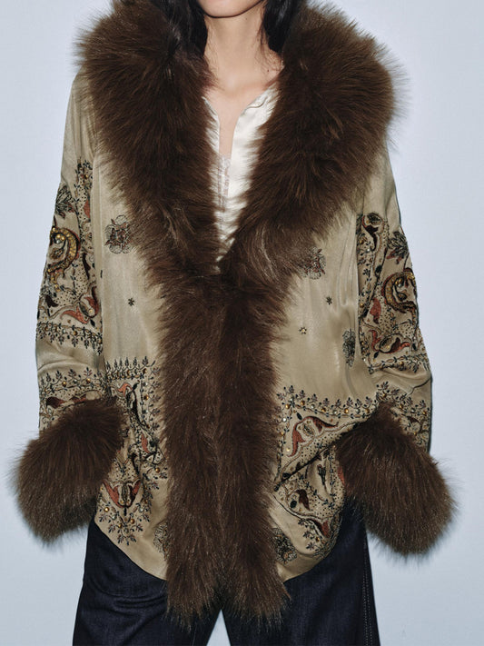 Faux Fur Beaded Embroidery Cardigan