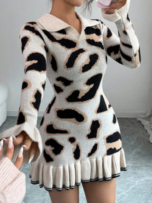 Leopard-Print Ruffle Slim Dress