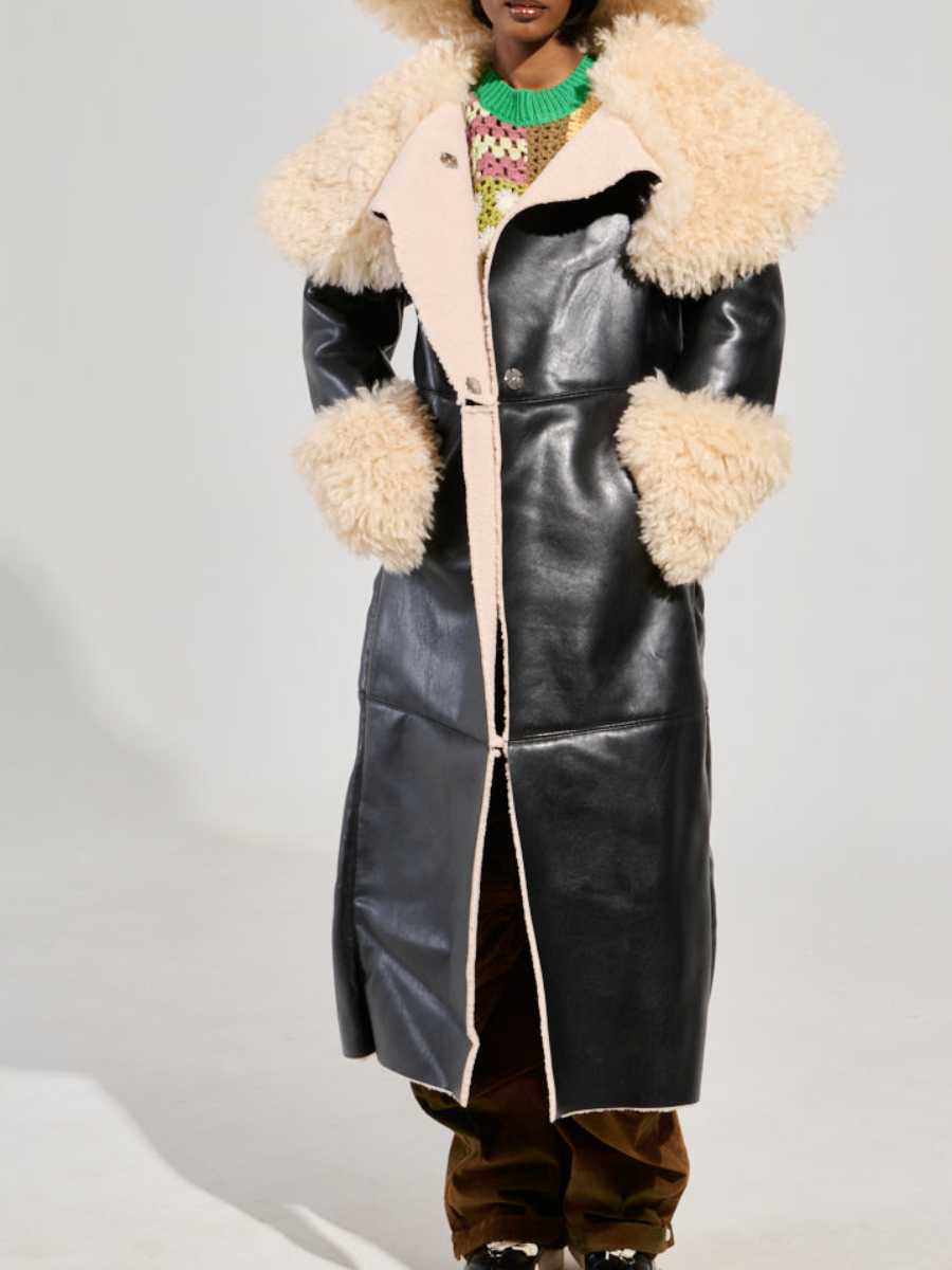Faux Leather Patchwork Plush Long Jacket