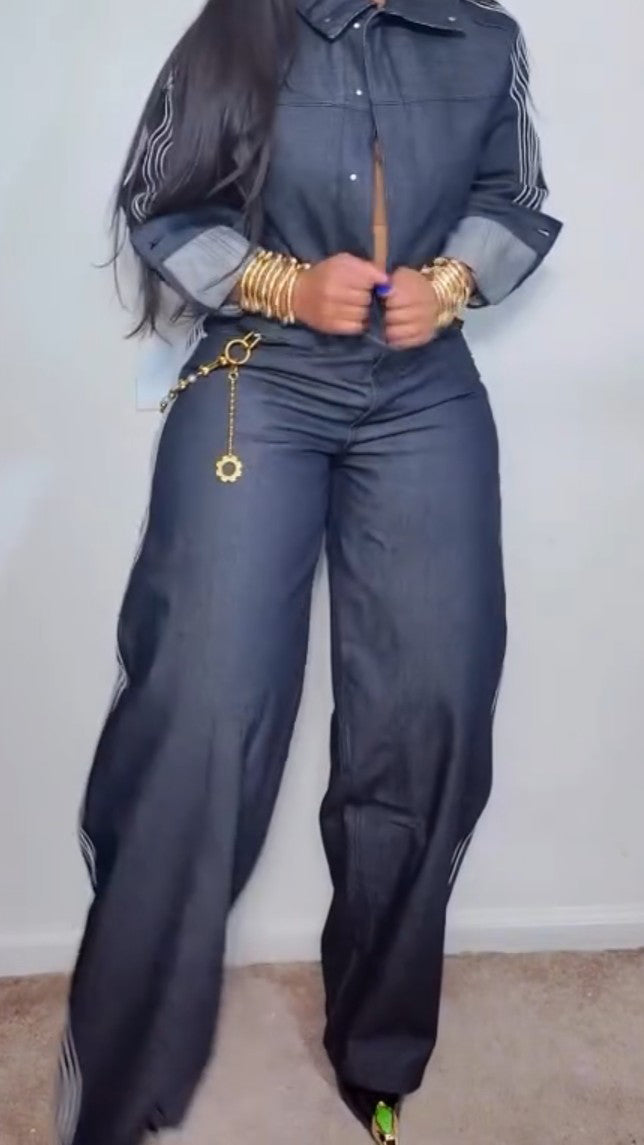 Vintage Denim Suit With Side Stripes