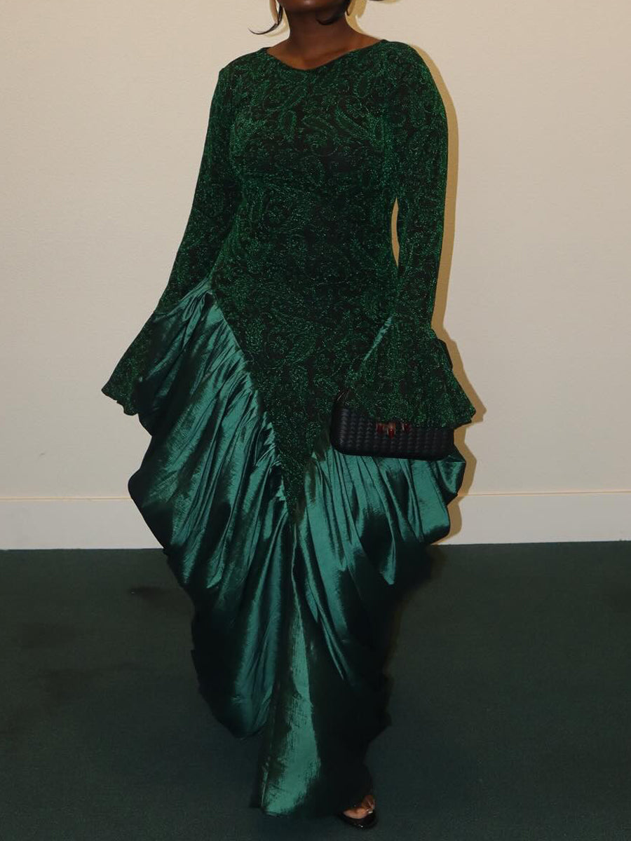 Elegant Printed Flare Sleeve Patchwork Maxi Dress