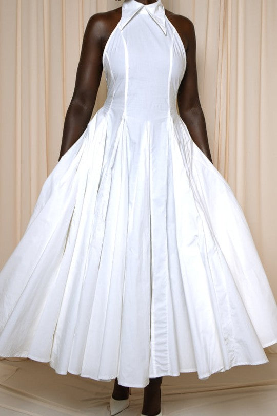 White Open Back Midi Dress With Ruffles