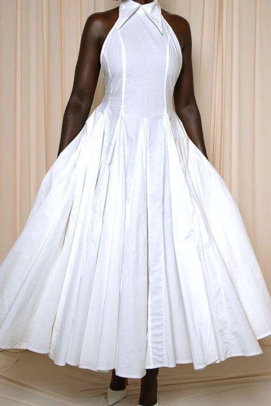 White Open Back Midi Dress With Ruffles