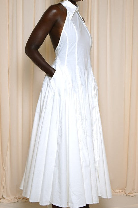 White Open Back Midi Dress With Ruffles