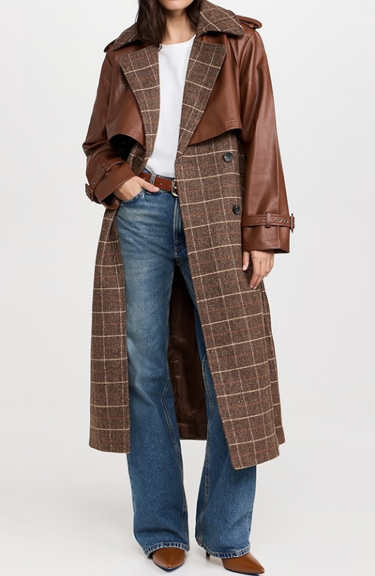 Plaid Patchwork Leather Coat
