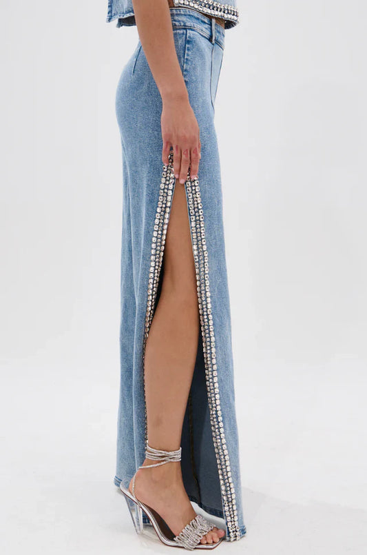 Popping Out Rhinestone Denim Shirt Jeans 2-Piece Set