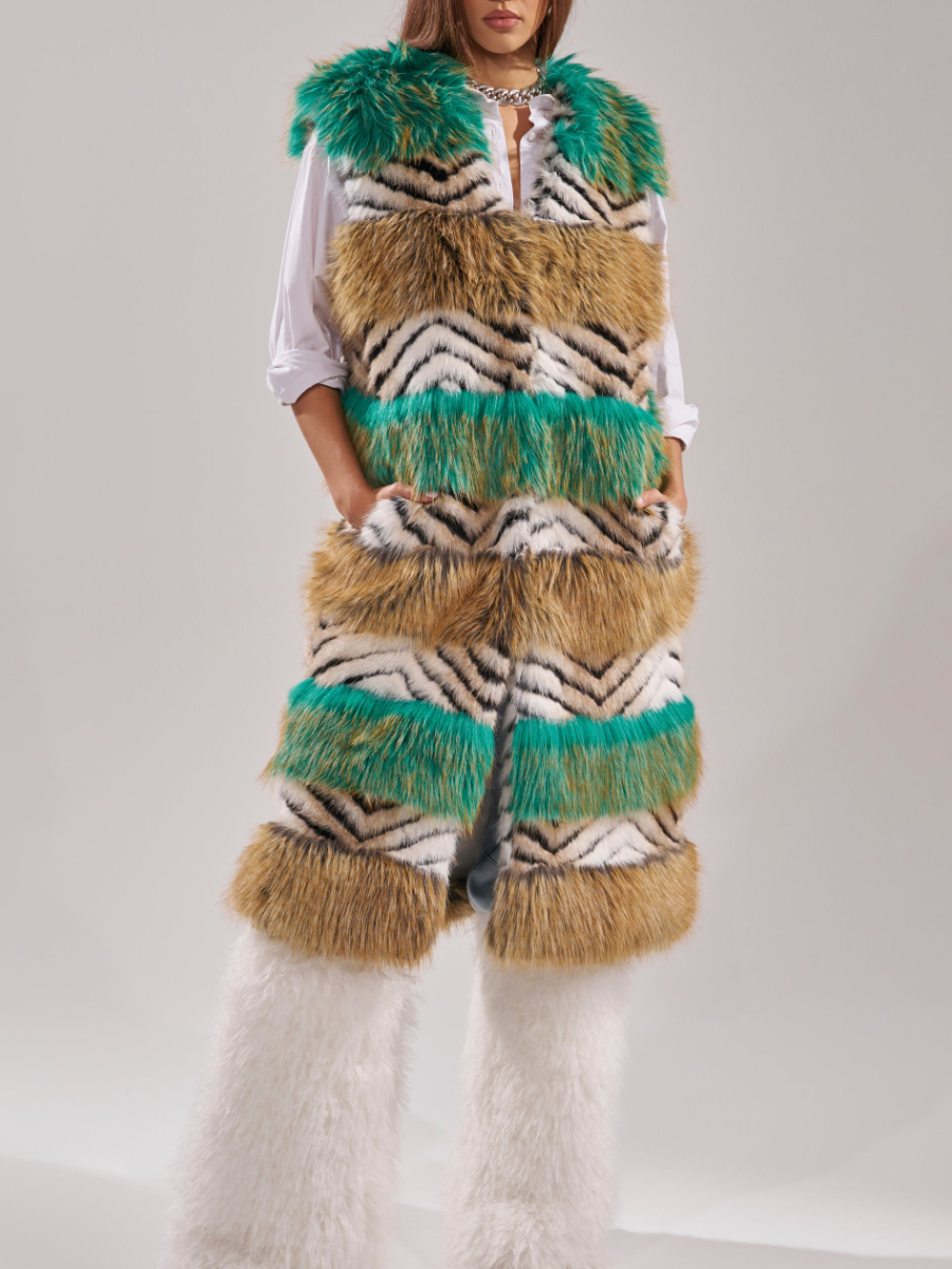 Faux Fur Multicolor Striped Sleeveless Coat（Free shipping）