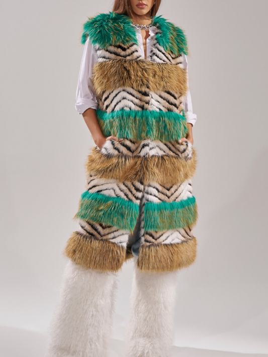 Faux Fur Multicolor Striped Sleeveless Coat（Free shipping）