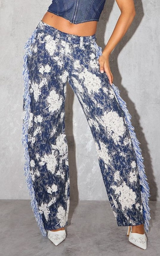 Blue Printed Jacquard Twill Tassel Side Trousers