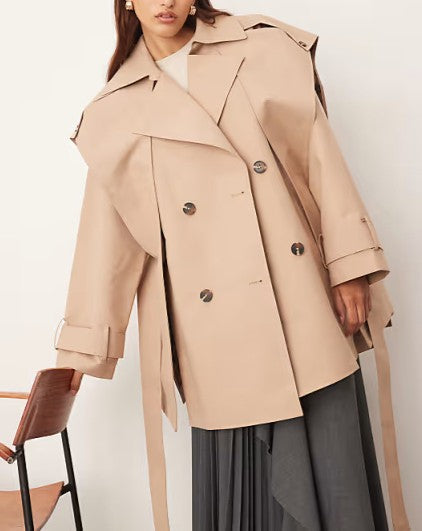 Double-breasted Short Trench Coat With Cape Details（Free shipping）