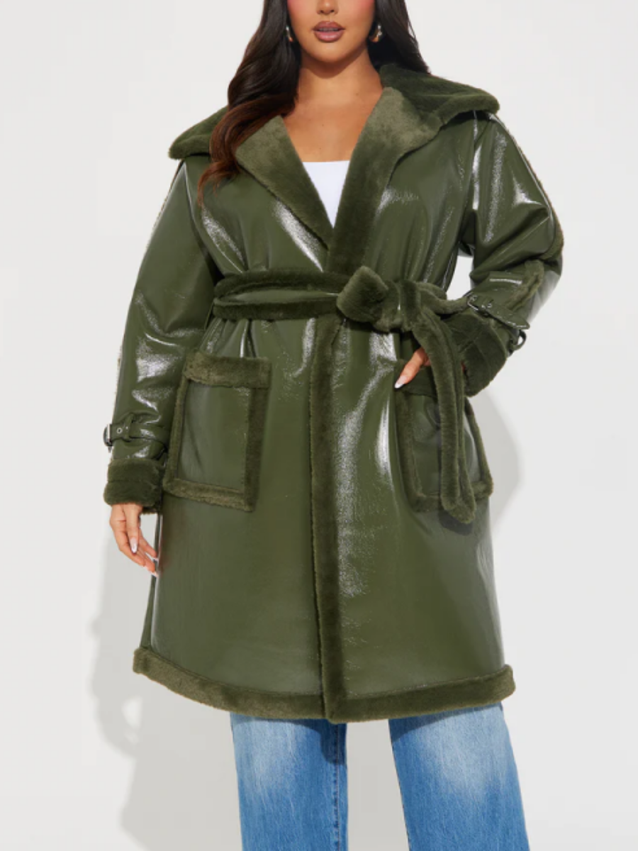 Faux Patent Leather Plush-Trim Coat（Free shipping）
