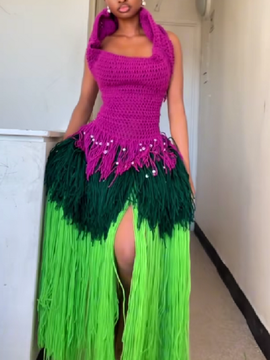 Knit Fringed Beaded Dress（Free shipping）