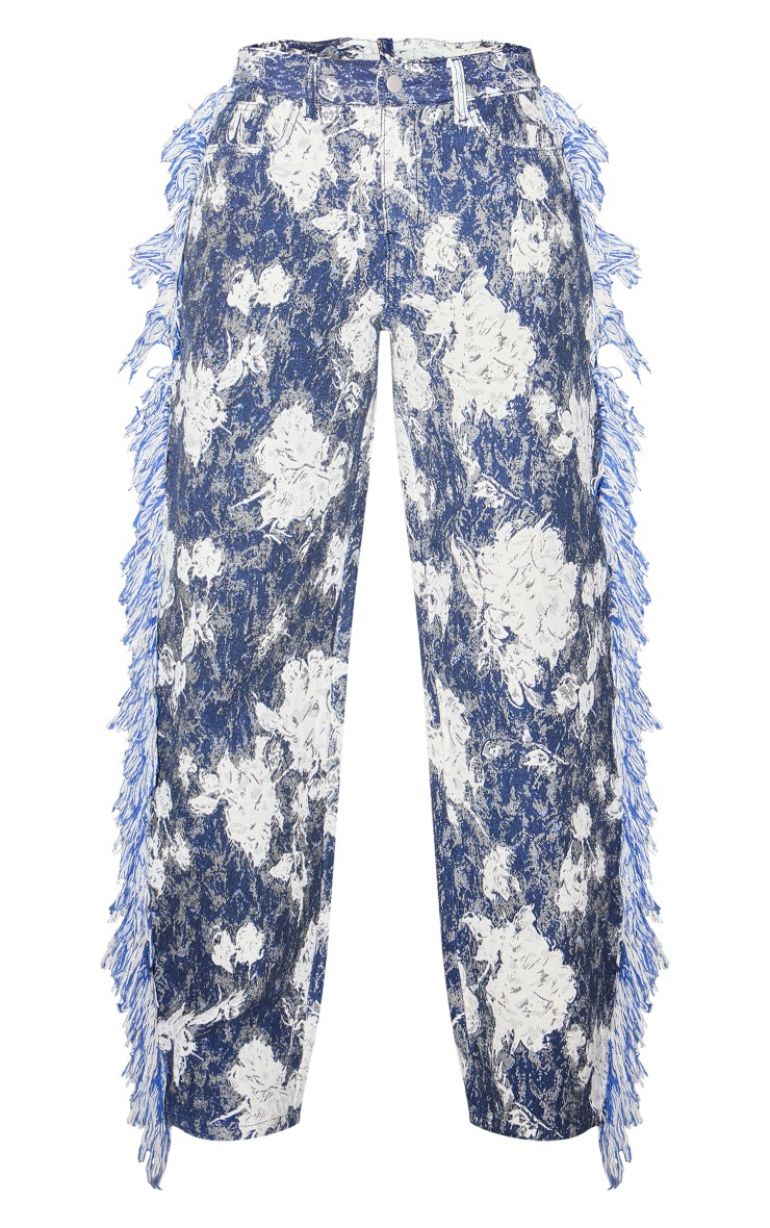 Blue Printed Jacquard Twill Tassel Side Trousers