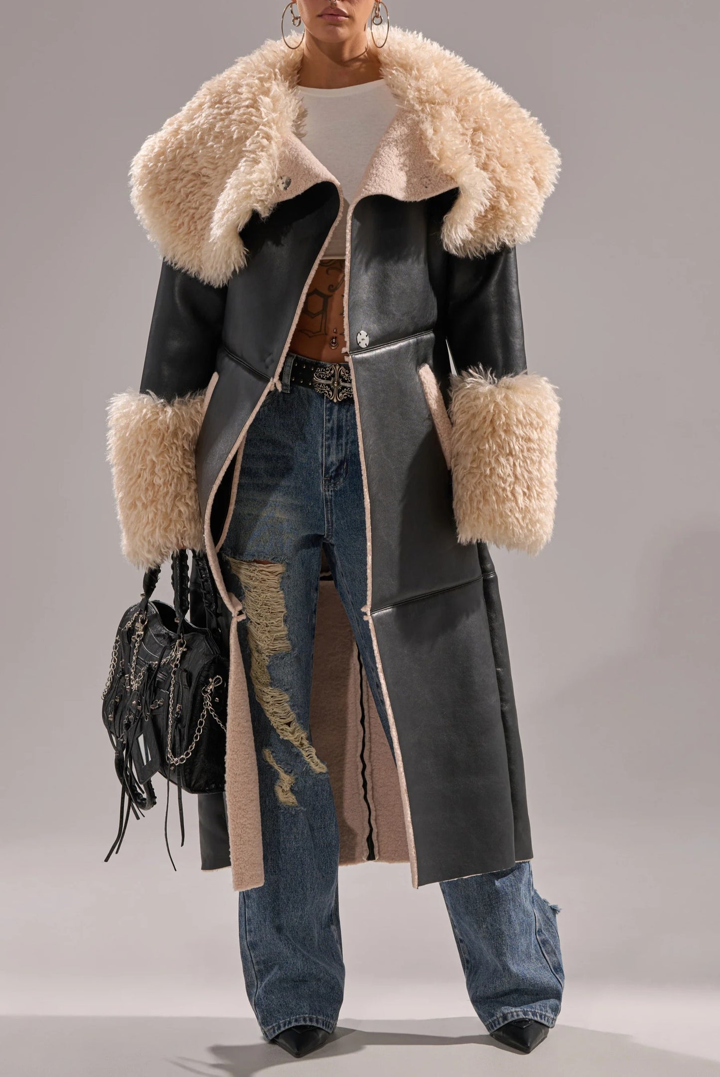 Fuzzy PU Trench Coat With Lambskin Trim
