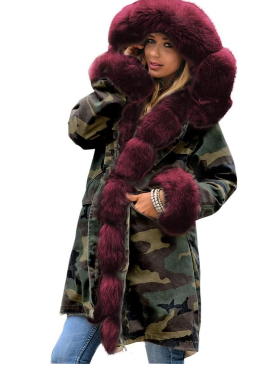 Camouflage Fur-Trim Coat