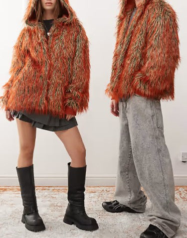 Orange Unisex Faux Fur Pullover Coat