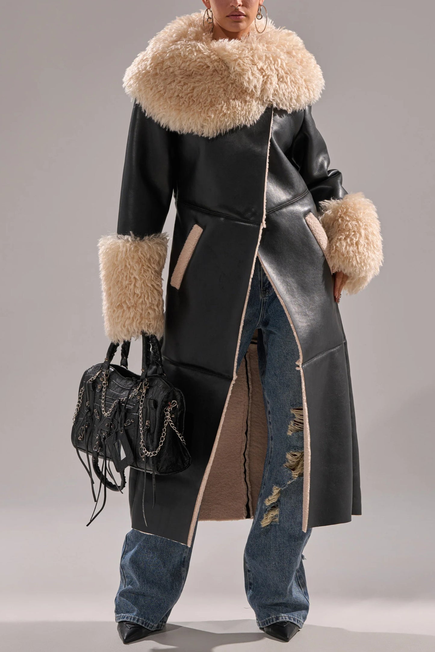 Fuzzy PU Trench Coat With Lambskin Trim