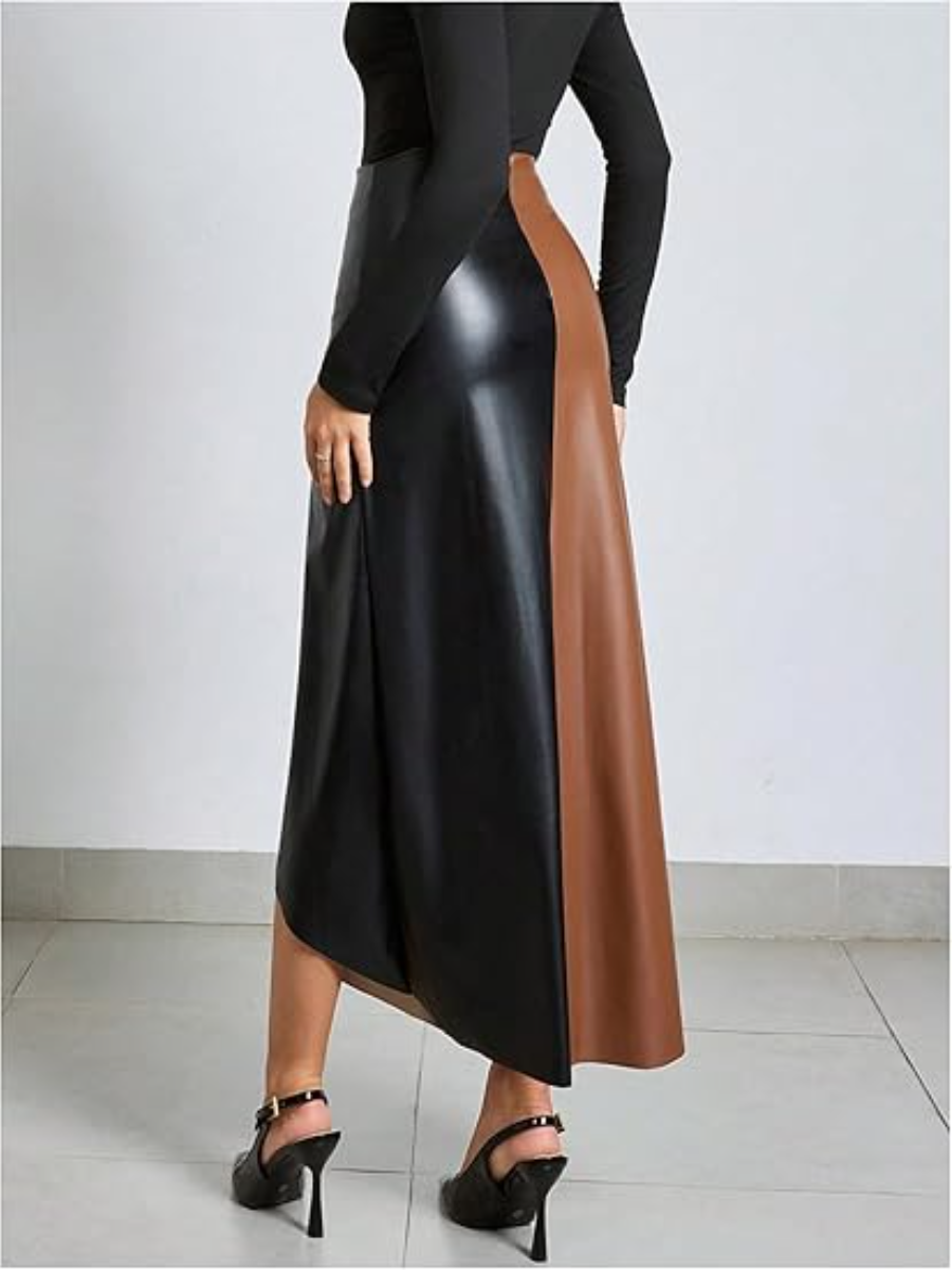 Leather Patchwork Asymmetrical Contrast Skirt