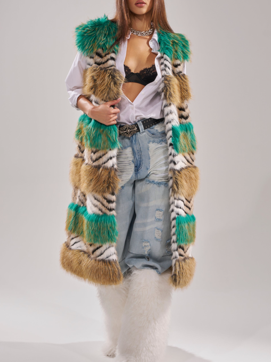 Faux Fur Multicolor Striped Sleeveless Coat（Free shipping）