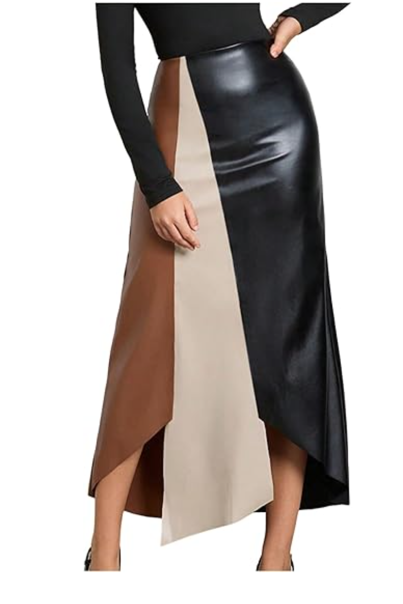 Leather Patchwork Asymmetrical Contrast Skirt