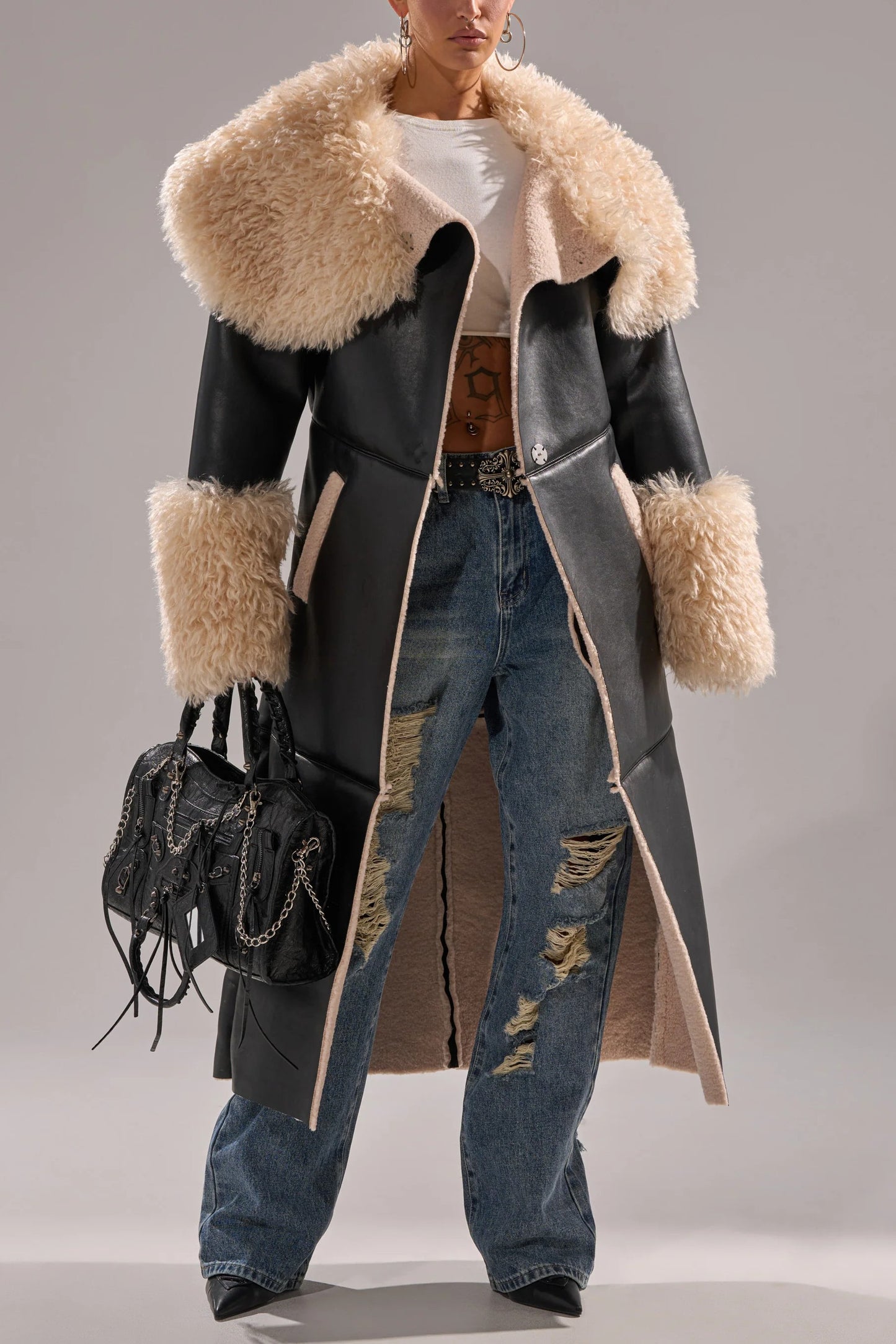 Fuzzy PU Trench Coat With Lambskin Trim