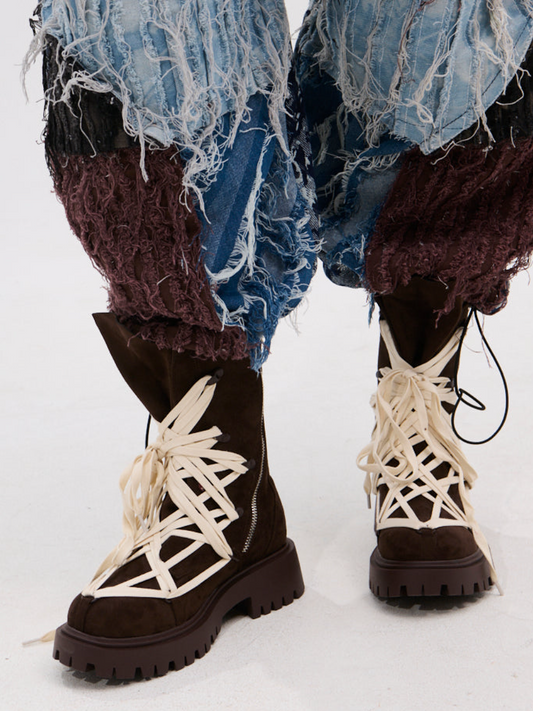 Chocolate Cross-Strap Suede Boots