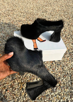 Long-haired Calfskin Slip-on High-heeled Mules